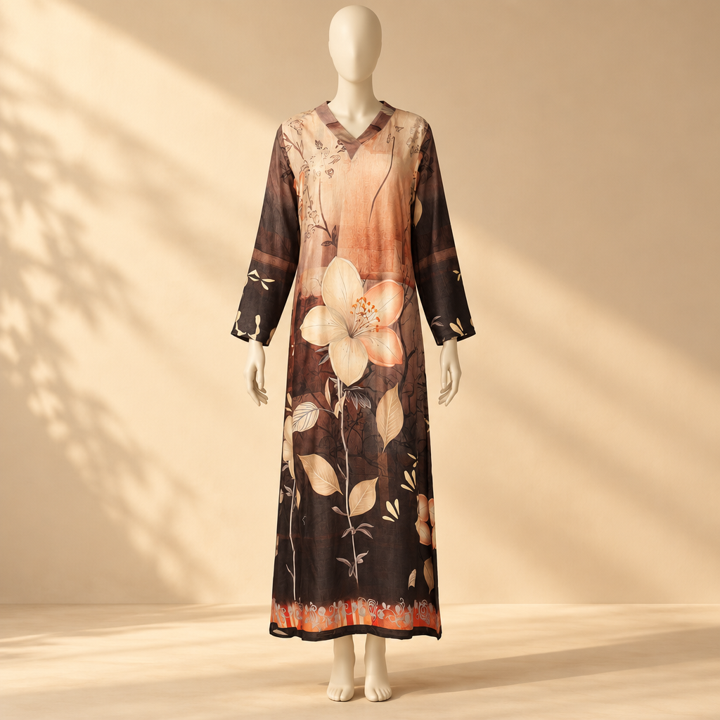 Ladies Rayon Printed Maxi Gown Long Sleeve