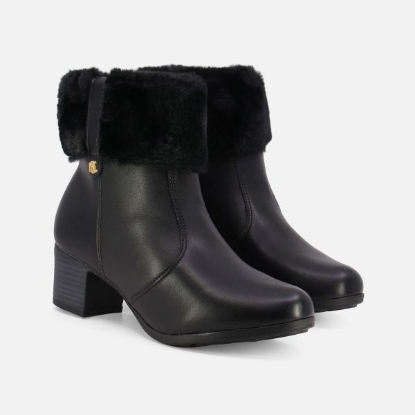 MODARE LADIES LEATHER SQUARE HEELS ANKLE BOOT WITH FAUX FUR NECK& ZIPPER SIDE